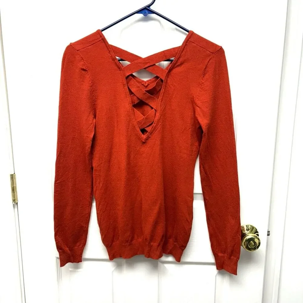 Love Ellie Sweater, Burnt Orange V Neck, Cris Cross Straps, Long Sleeve, Size XS
